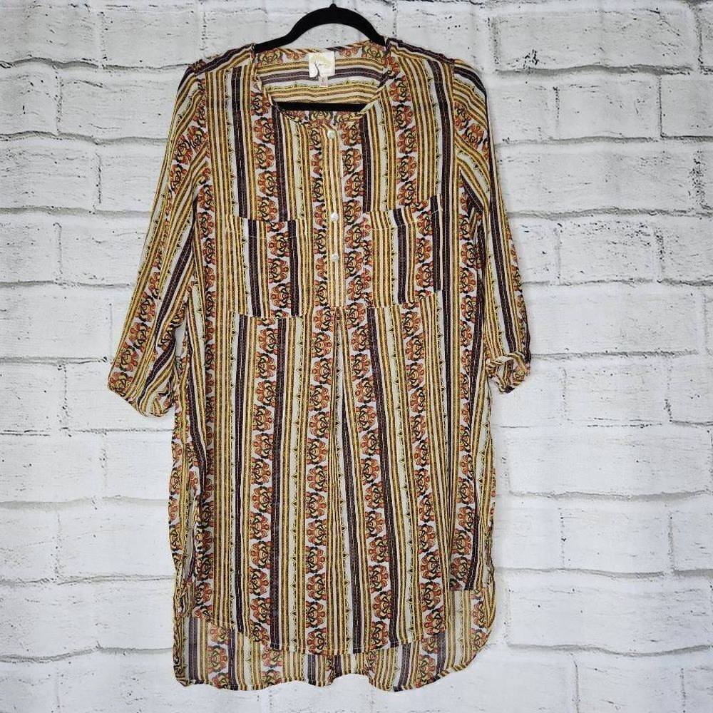AnthropologieāFig & Flower Yellow White Tunic Blouse Womens Large BohoāCasual